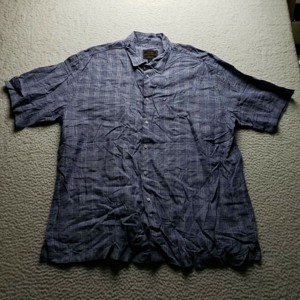 Jos. A. Bank Reserve Shirt Mens 2XL Blue Plaid Linen Short Sleeve Button-Up